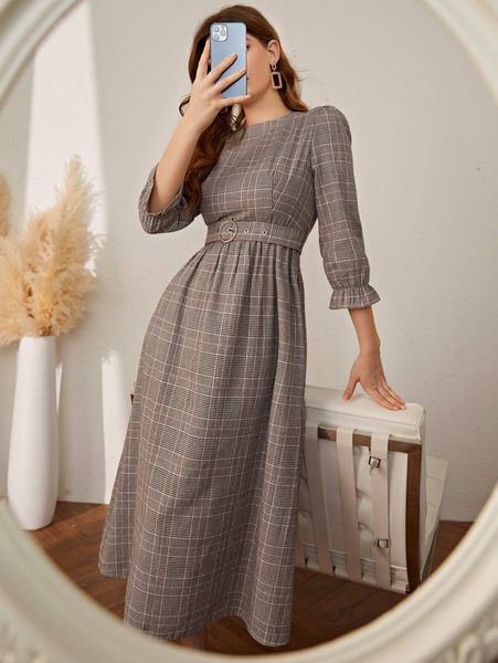

plaid print flounce sleeve belted dress she, Black;gray
