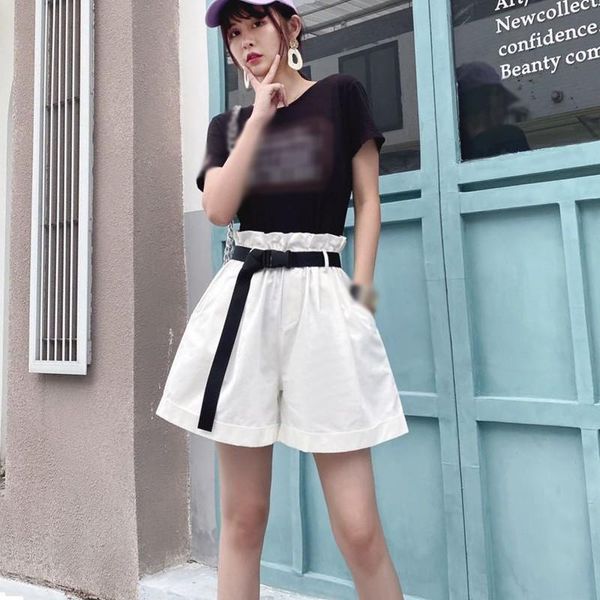 

women's shorts summer women wide leg regular elastic waist solid color casual pockets sashes with belt 2021, White;black