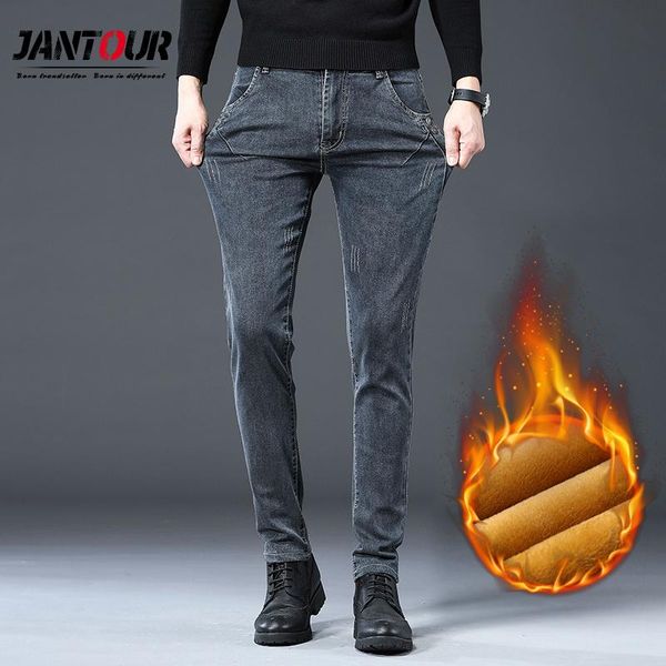 

2020 winter new men's warm skinny jeans classic style business casual grey denim elasticity cotton thick pants 27-38, Blue