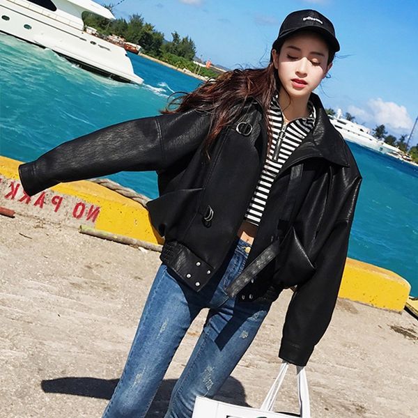 

2021 new streetwear women faux leather jacket female biker vintage batwing sleeve black coat bbb4
