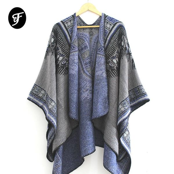 

women's retro shawl wrap open front poncho cape cardigan winter luxury shawl scarves printed pashimina ruana female, Blue;gray