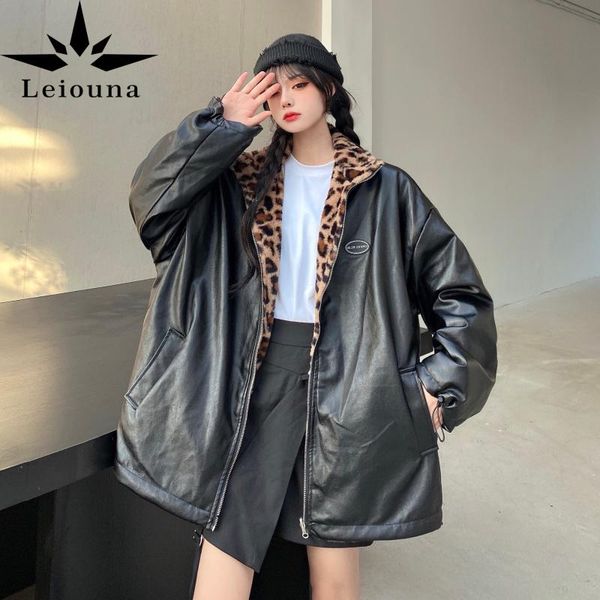 

women's fur & faux leiouna loose 2021 winter wear fashion korean leather coat leopard print double face tide warm cotton, Black