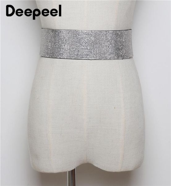 

deepeel 1pc 3.7-6cm*61-64cm ladies pu elastic stretch high wide cummerbunds rhinestone decorative dress twotwinstyle belt yk704, Black;brown