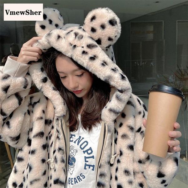 

vmewsher new winter women faux fur coat leopard print plush hooded jacket fashion sweet soft thick warm outwear streetwear 2020, Black
