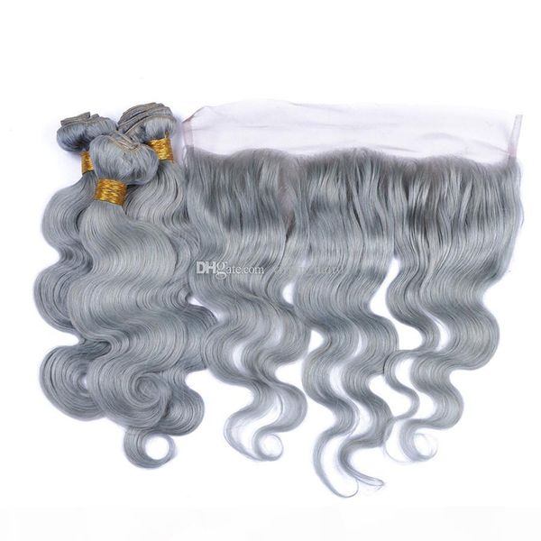 

grey human hair body wave lace frontal with bundles sliver gray peruvian virgin hair weave with lace frontal closure 4pcs lot, Black;brown