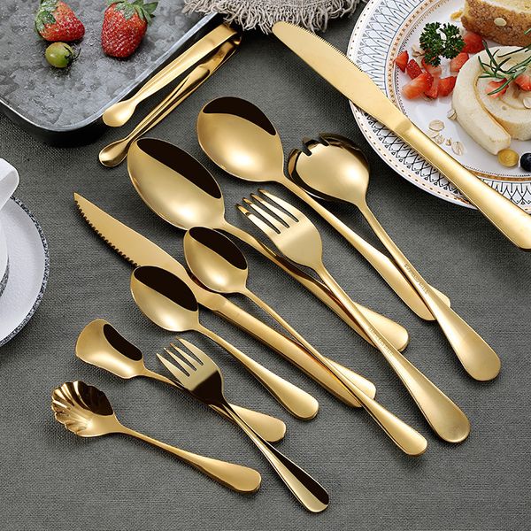 

coffee set gold color stainless steel spoons ice steak knife fork spoon western tableware flatware