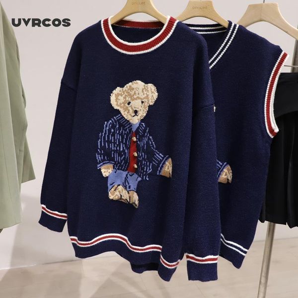 Damenpullover UVRCOS Übergroße Frauen Herbst Winter Strickwaren Pullover Lässige koreanische Mädchen Niedlicher Teddybär Jaquardpullover V-Ausschnitt Strick