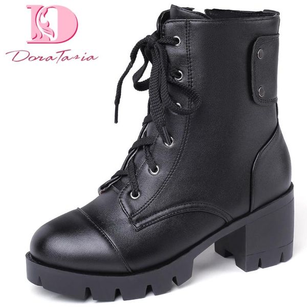 

boots doratasia 2021 big size 46 shoelaces square high heels platform leisure fall winter shoes women motorcycles ankle female, Black