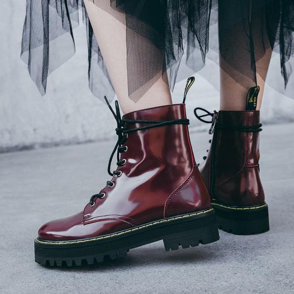 

maroon round toe hiking boots shiny leather statement shoes women chunky sole ankle boots, Black