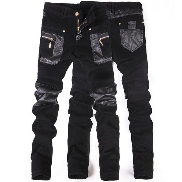

zipper splicing leather pants long pencil pants jeans slim spring hole men's fashion thin skinny jeans men hiphop trousers, Blue