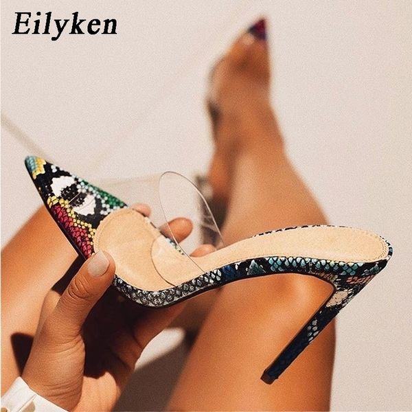 

eilyken woman snake grain pvc transparent design slippers mules high heels pointed toe ladies summer shoes new y200423, Black