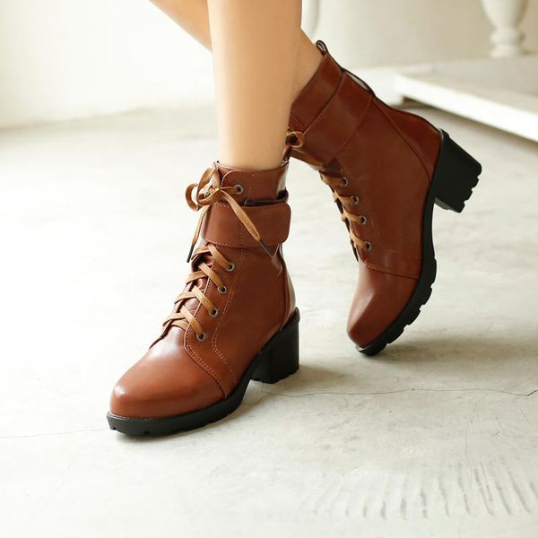 

boots pxelena autumn for women block chunky high heels lace up riding combat ankle ladies shoes 34-43, Black