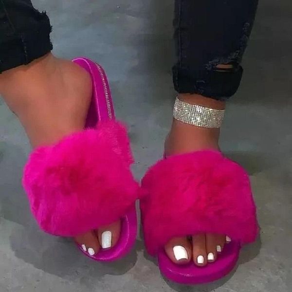 

slippers summer women flat shoes faux fur furry sandals open toe platform ladies outdoor slides large size flip flops, Black