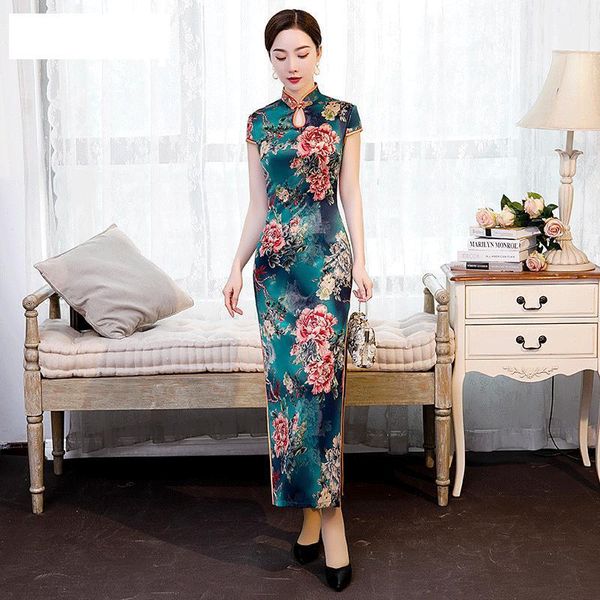 

high split lady qipao big size elegant mandarin collar satin cheongsam vestidso print flower green vintage chinese dress1, Red