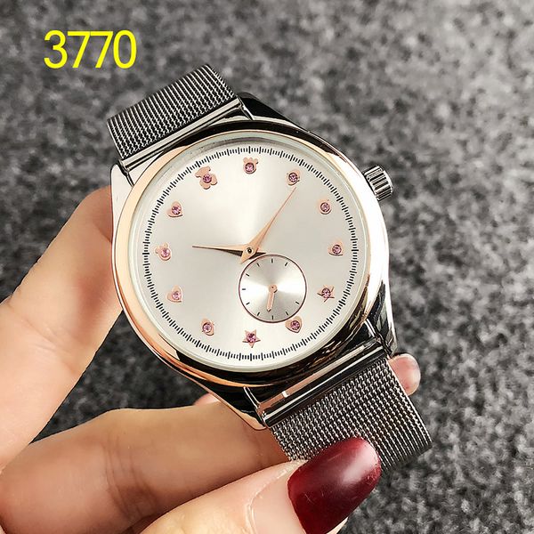 

new fashion high-end watch simple surface diamond-studded cartoon stainless steel mesh belt with two needles and a half quartz watch, Slivery;brown