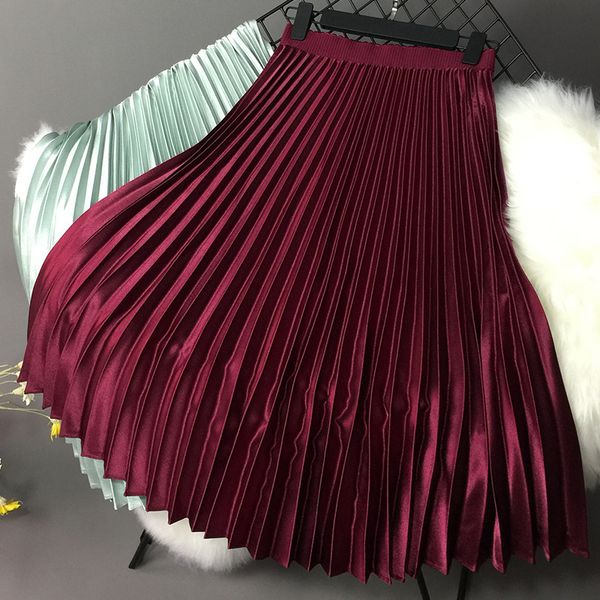 

pleated skirt 2020 autumn winter solid gold velvet skirt women plus size korean fashion vintage long skirts with chiffon liner y1214, Black