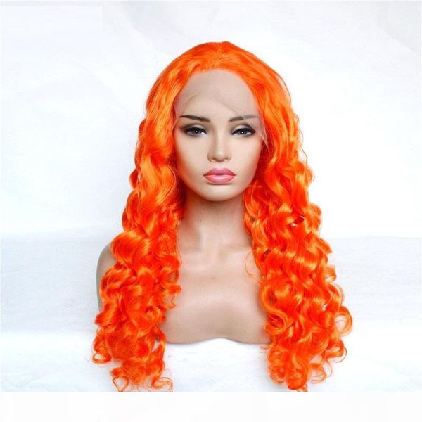 

orange color big curly synthetic hair lace frontal wig simulation human hair lace front wigs perruques de cheveux humains 181024-yellow#, Black;brown