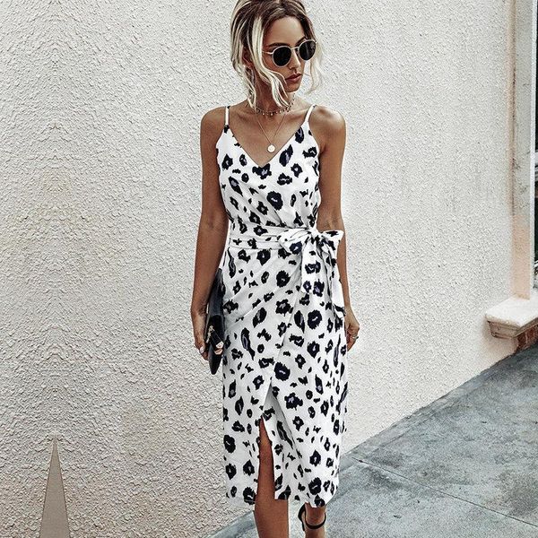 

2021 new summer spaghetti strap dress women sleeveless print v neck front split dress streetwear drop shipping, Black;gray