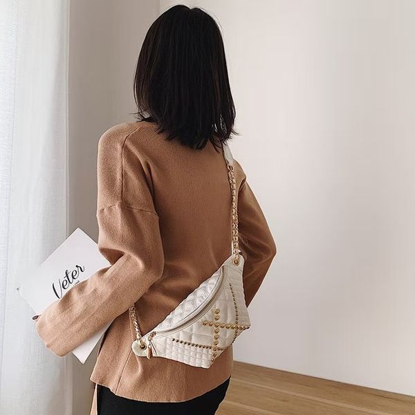 

rivet women waist bag fashion fanny pack chest pocket purse phone chain cross body shoulder belt bag