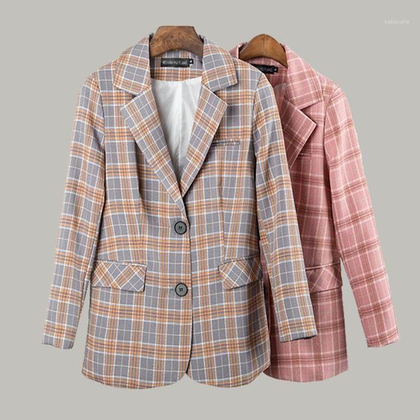 

2021 elegant black single-breasted women blazer fashion vintage plaid loose work wear outerwear female jacket1, White;black