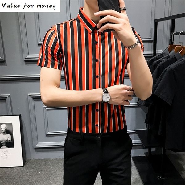 

high men's quality short sleeve striped shirt casual slim dress shirts 2020 summer streetwear socia chemise homme c1212, White;black