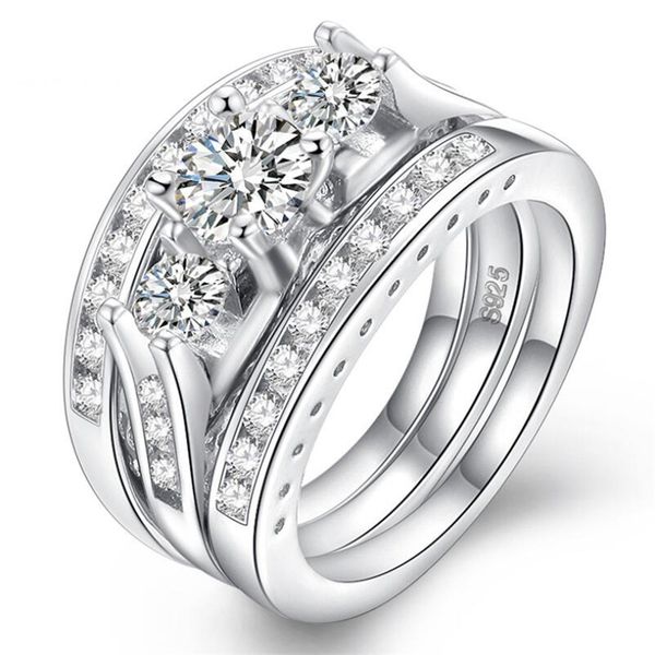 

3pcs new sparkling luxury jewelry 925 sterling silver three stone round cut white z cz diamond eternity women wedding engagement ring, Slivery;golden
