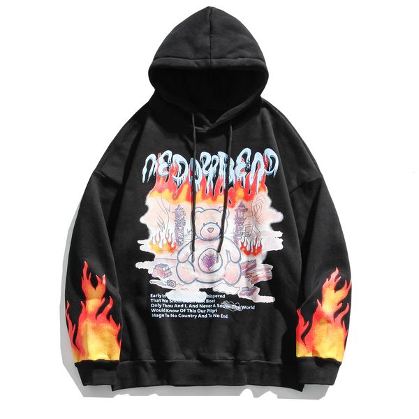 

2021 new hip hop streetwear women bear fire flame print harajuku hoodie swatshirt men winter fleece hooded pullover cotton j16d, Black