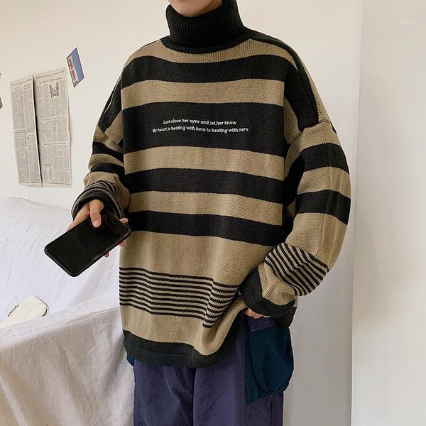 

men's sweaters turtleneck sweater men striped letters oversize winter fashion knit loose warm pullover bottoming for thicken1, White;black