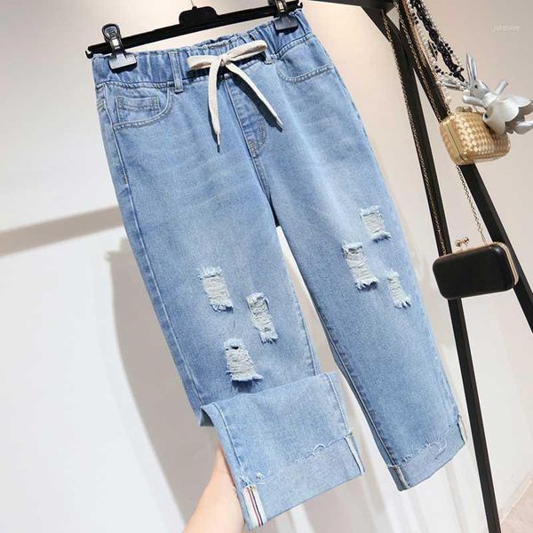 

ripped jeans for women high waist plus size calf-length drawstring loose denim straight pants jeans femme 4xl 5xl1, Blue