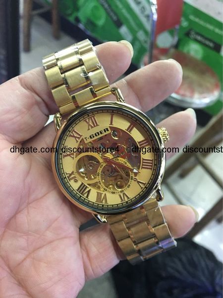 

t-goer mechanical hollow steel belt leisure fashion men's belt watch, Slivery;brown