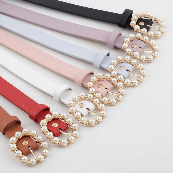 

belts 2021 cute ladies pearl belt women black white red brown blue narrow thin skinny leather for dress accesorios mujer, Black;brown