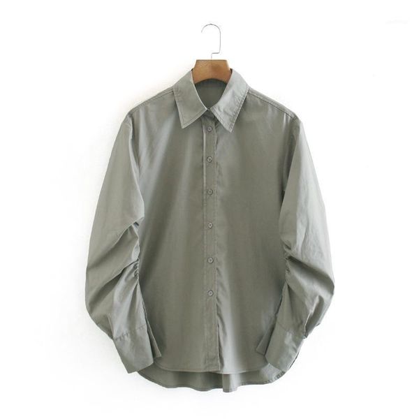 

women pleating long sleeve loose shirt casual femme turndown collar side slit blouse solid lady blusas s81331, White