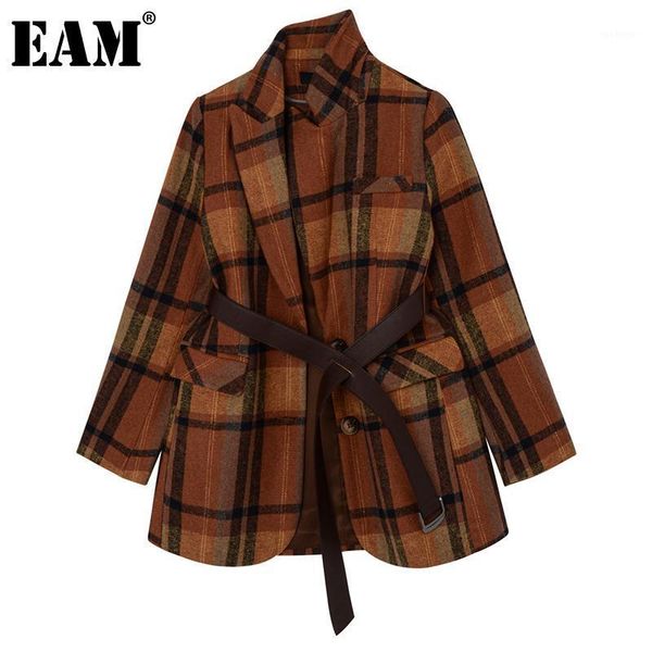 

eam] women orange plaid bandage blazer new lapel long sleeve loose fit jacket fashion tide spring autumn 2020 1dd05281, White;black
