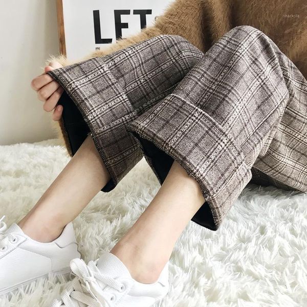 

plaid woolen pants women's autumn and winter nine-point fall feeling wide-leg retro gentle wind high waist1, Black;white