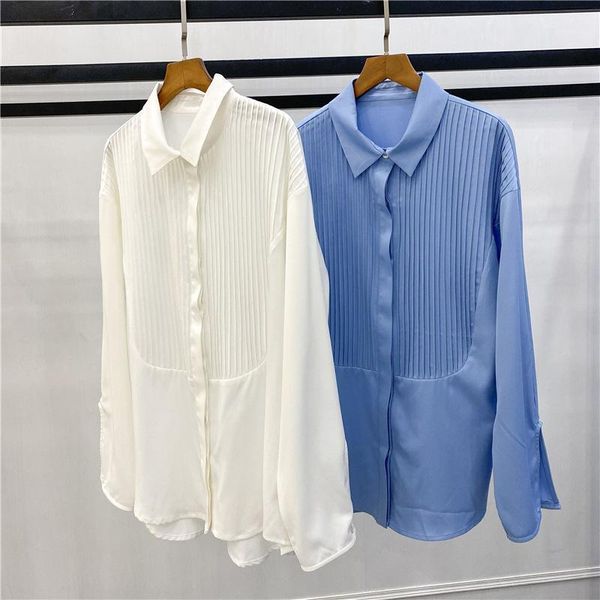 

white blue women's blouse 2020 new long-sleeved office wear shirt loose single-breasted shirts and clothes1