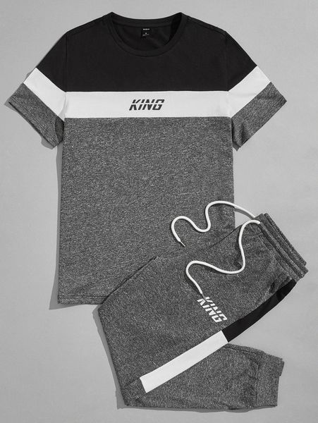 

men letter graphic cut out tee & drawstring waist sweatpants x2mx#, Gray