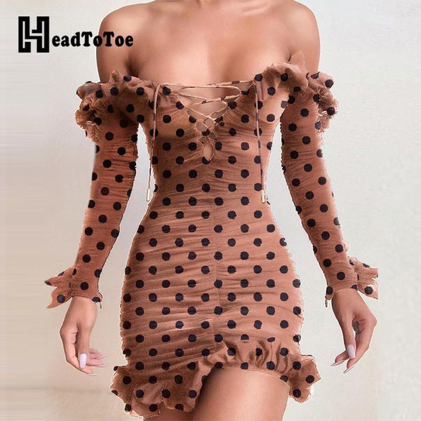 

polka dot off shoulder frill lace-up ruched bodycon dress t200320, Black;pink