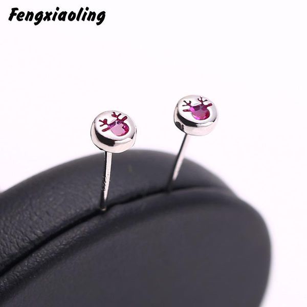 

fengxiaoling 100% 925 sterling silver mini round earrings for women red zircon elk stud earrings fine jewelry cute accessories, Golden;silver