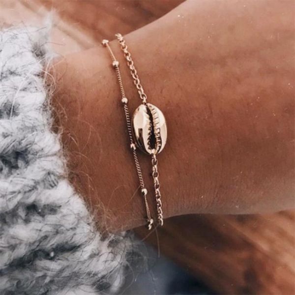 

link, chain 2 pcs/ set minimalist gold color shell bracelets for women delicate beads charm bangles femme jewelry, Black