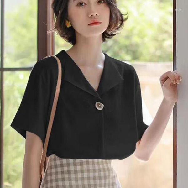 

women shirt summer french retro v-neck short sleeve blouse casual korean style black white basic shirt women blouse blusas1