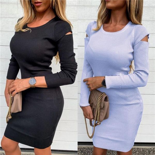 

hirigin women dress autumn winter bodycon slim casual long sleeve off shoulder hollow out elegant crew neck party dress1, Black;gray