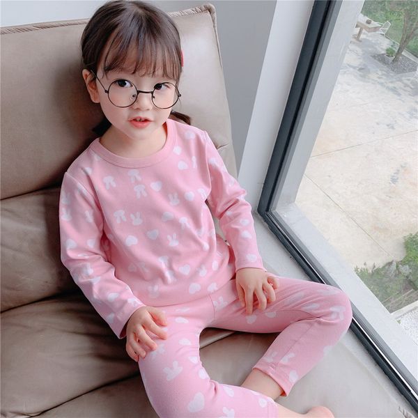 

2021 new spring baby pajamas cartoon cow flower rabbit long sleeve brushed cotton girl boy 2pcs sets baby clothes e32, White