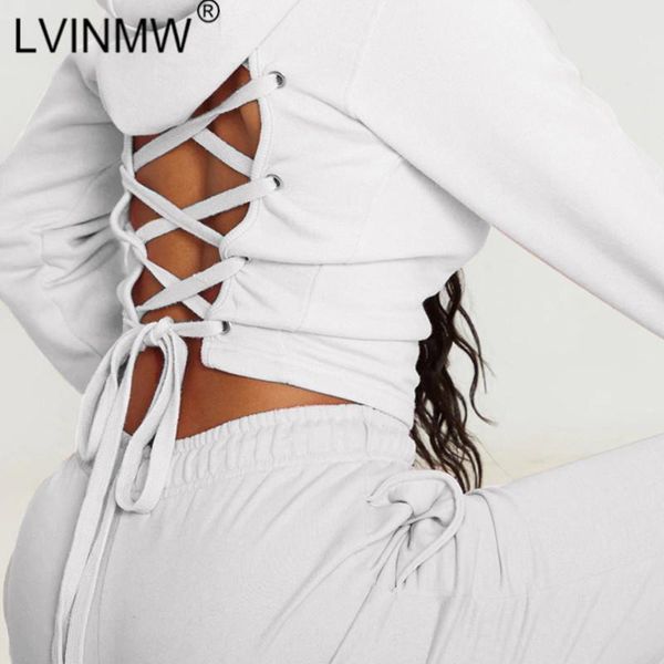 

lvinmw casual fashion basic solid two piece set women hooded back cross lace up crop elasticity high waist straight trousers, Gray