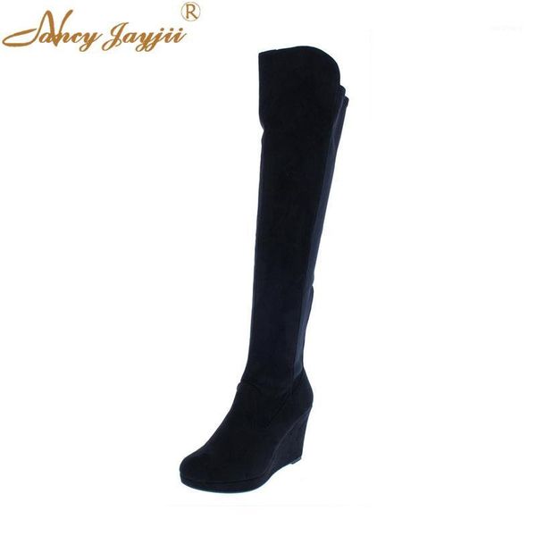 

women shoes boots ladies knee-high super high wedges heels solid round toe mature zipper mature nancyjayjii leisure 20191, Black