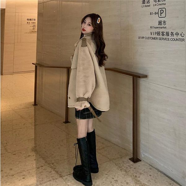 

2020 new winter women all-match short thermal jacket preppy style lamb velvet korean loose coat patchwork fur in one women's top, Black