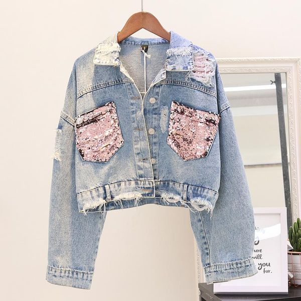 

fashion sequined pocket denim jacket women's vintage loose long sleeve short jacket coat spring autumn female casual coats, Black;brown
