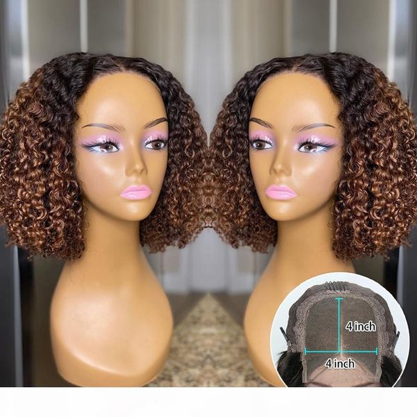 

1b 27 ombre color short curly lace closure human hair wigs with baby hair pre plucked remy 4*4 brazilian lace wig bleached knots, Black;brown
