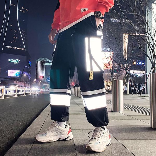 

mens fashion 3m reflective sweatpants joggers male fashion patchwork hip hop trousers autumn black harem pants