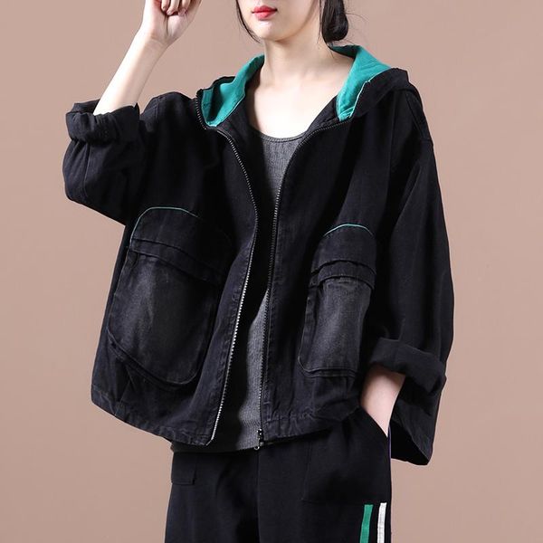 

women's jackets retro vintage hooded distressed denim short jacket for women loose oversized female cloths 2021 a119, Black;brown