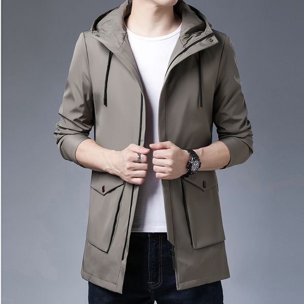 

hooded jacket spring autumn medium length windbreaker korean fashion young and middle-aged handsome slim casual men's coat, Black;brown